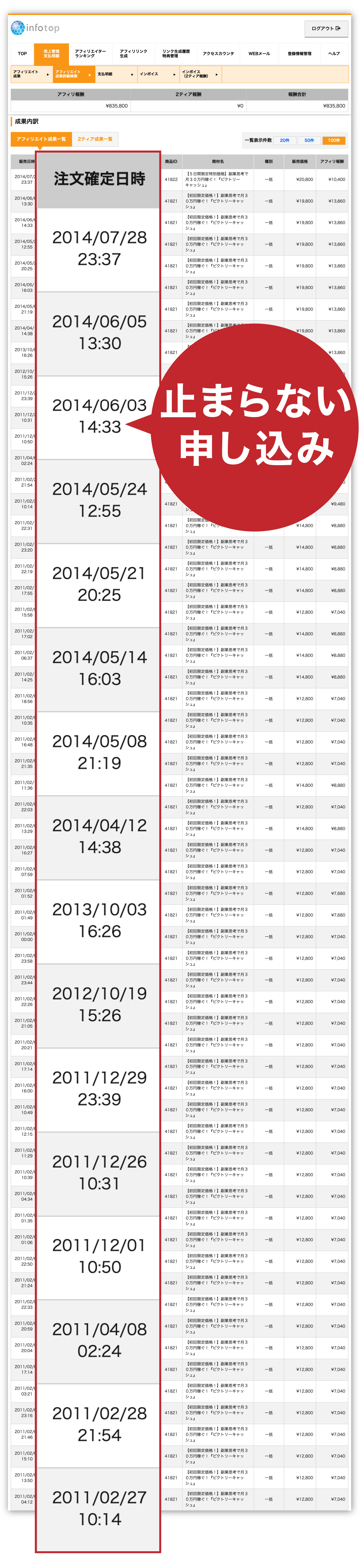 infotop管理画面の申し込みログ